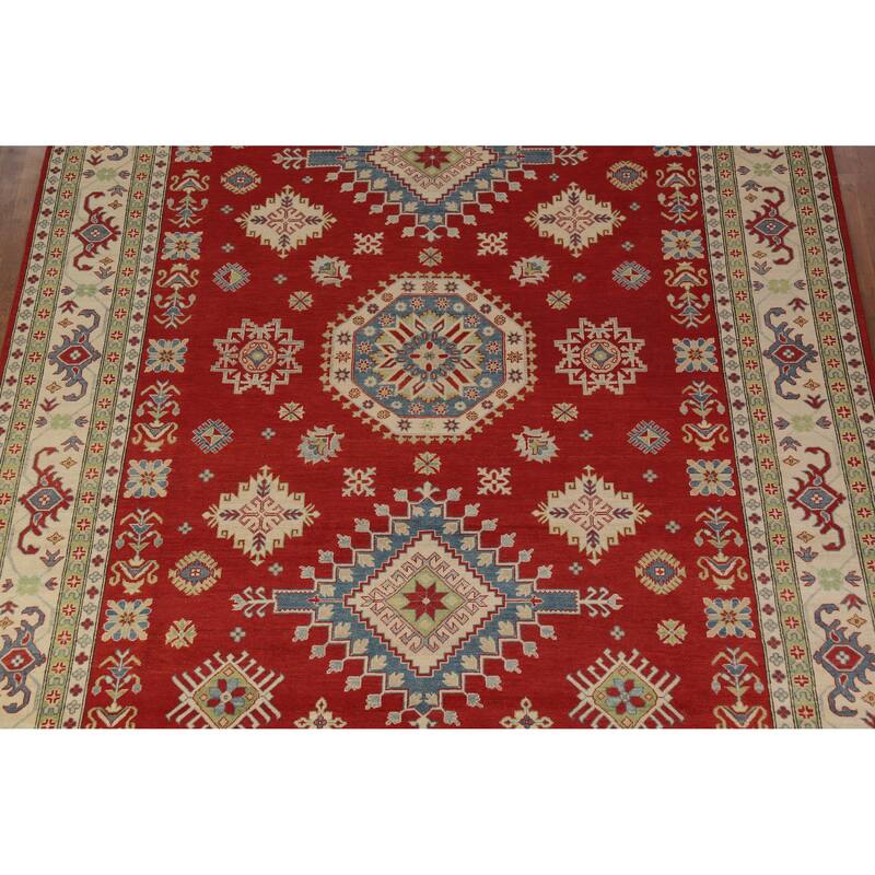 Hand Knotted Oriental 100% Wool Carpet Traditional Geometric Red Kazak Area Rug - 11' 8'' X 9' 0''