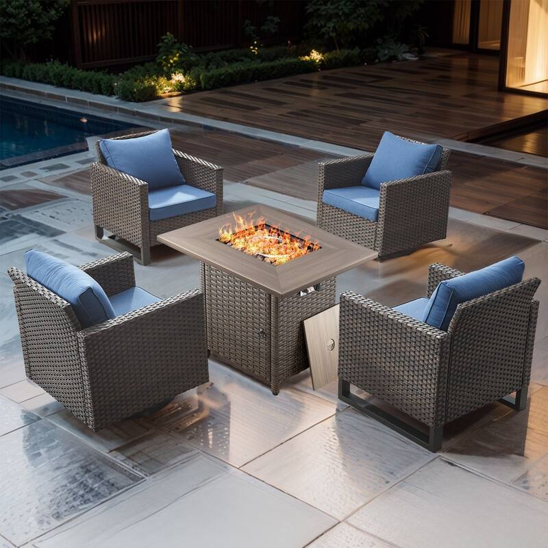 5 Pieces Fire Pit Table with Outdoor Swivel Chair Patio Chair - Brown Wicker - Blue cushion