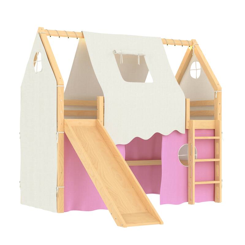 Roomfitters House Loft Bed with Slide and Tent, Solid Wood Frame with Lights
