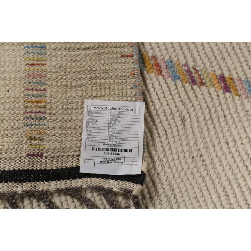 Ivory Moroccan Area Rug Hand-Knotted Stripe Wool Carpet - 4'11"x 8'8"
