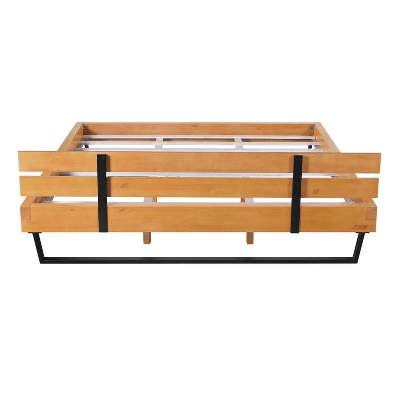 King Size Pine Wood Bed Frame with Black Iron Accents - Natural & Black