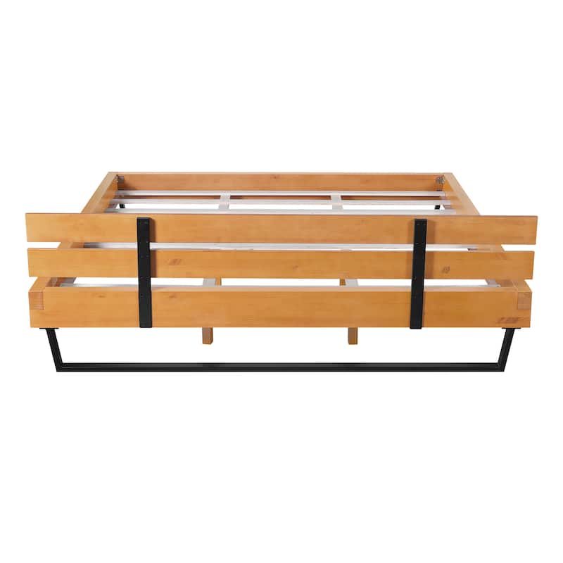 King Size Pine Wood Bed Frame with Natural and Black Color Powder-Coated Iron Legs Easy Assembly