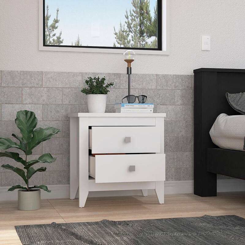 White Nightstand with Two Drawers and Four Legs