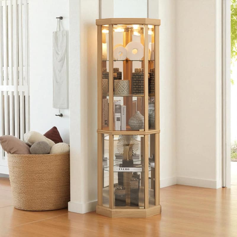Corner Lighted Glass Curio Cabinet with Doors, Shelves and Mirrored Back for Display and Storage - Light Oak