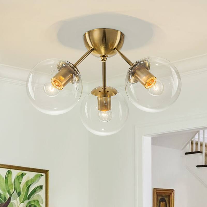 3-Light Brushed Brass Glass Globe Sputnik Semi Flush Mount - Clear Glass