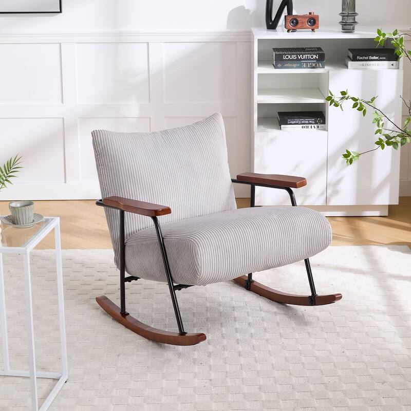 Glider Rocking Chair with Wooden Legs, Armchair with Thick Cushioned Seat, Reading Chair with Metal Frame - Grey