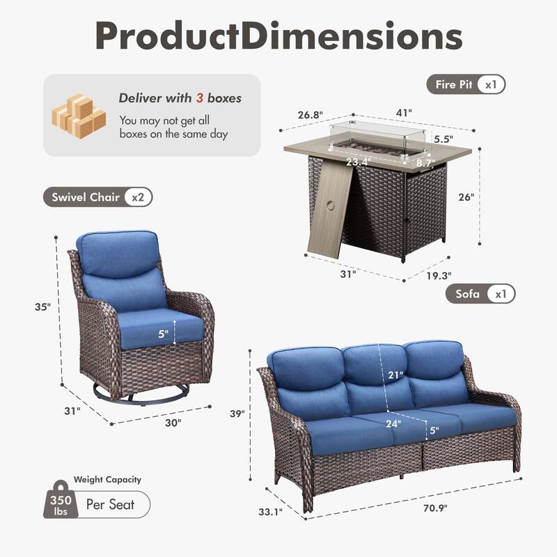 Meyreso 4-Piece Outdoor Patio Wicker Fire Pit Conversation Set with 5-Inch Thick Olefin Cushions