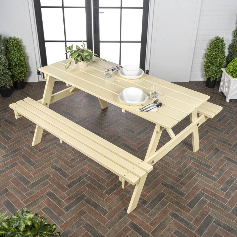 Porto 59" Modern Classic Outdoor Wood Picnic Table Benches with Umbrella Hole, by JONATHAN Y