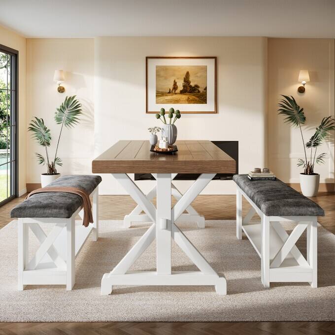 47.24" Farmhouse Dining Bench with Cushion, Wooden Kitchen Table Bench - 2PC