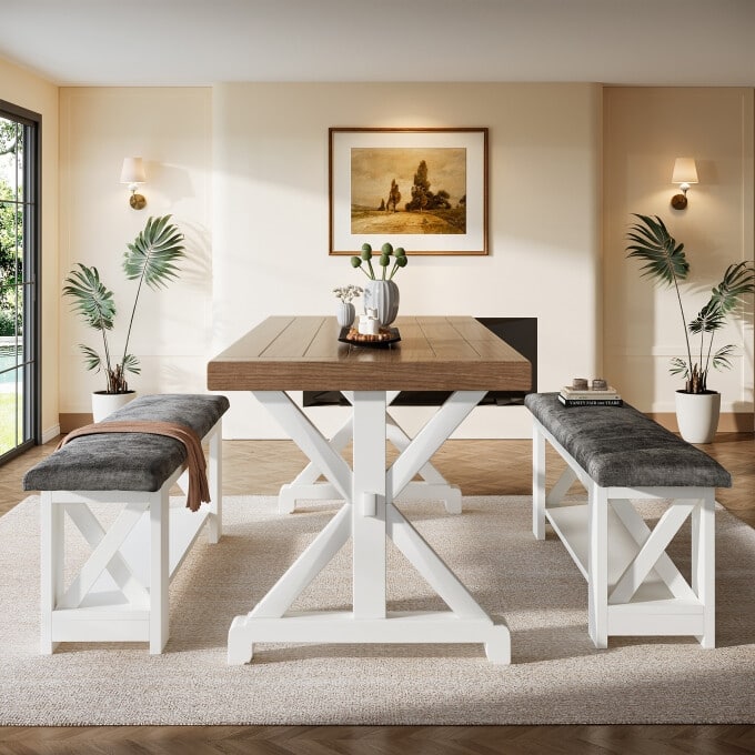 47.24" Farmhouse Dining Bench with Cushion, Wooden Kitchen Table Bench