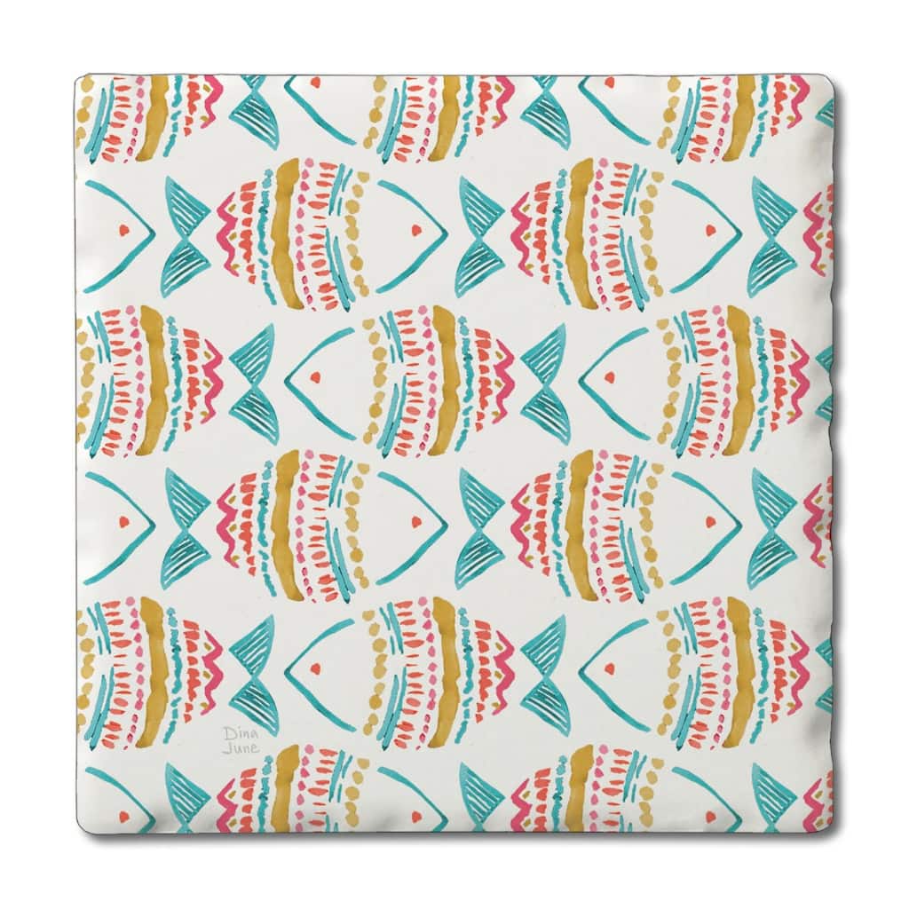 Tropical Fish 4 Pack Absorbent Stone Coasters with Cork Backing 4" Square Made in The USA Absorbent Wipes Clean