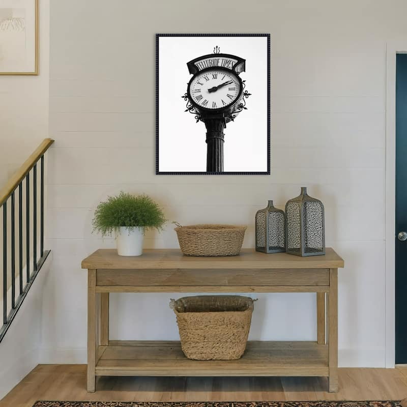 Vintage Street Clock with Marked Telluride Times by Del Mundo Imagery Framed Canvas Wall Art Print - Sylvie Beaded Black