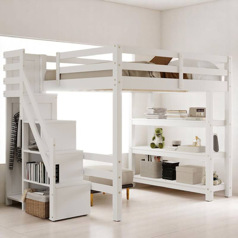 Twin/Full Size White Loft Bed with Storage Shelves, Staircase, Wardrobe & LED Light - Pine Wood Frame - White - Full