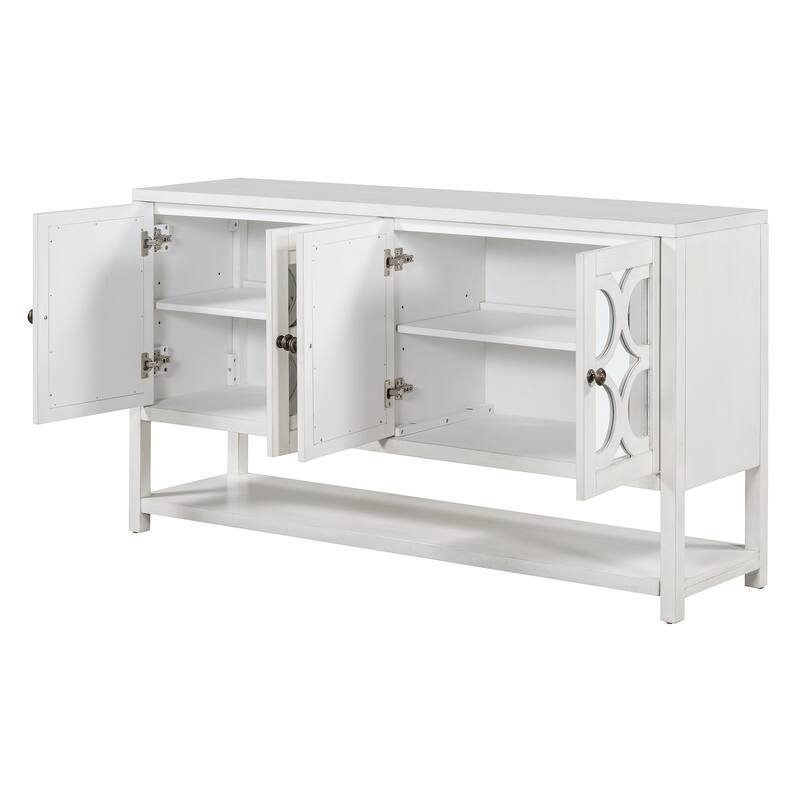 60" Retro Wooden Console Table Storage Cabinet with Mirrored Doors, Spacious Shelves and Acacia Wood Legs