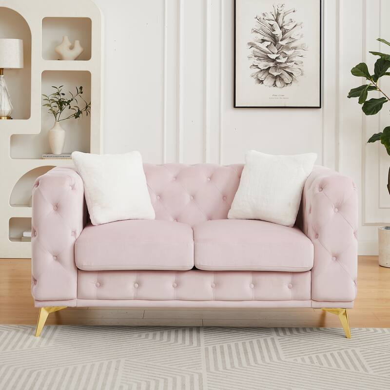 Modern Luxury Velvet Sofa with Chesterfield Quilted Button Accents - Pink-61.25''