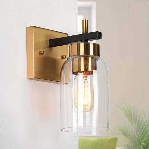 Modern Contemporary 1-Light Black Gold Wall Sconces Glass Bathroom Lighting - 4" L x 6.5" W x 9" H