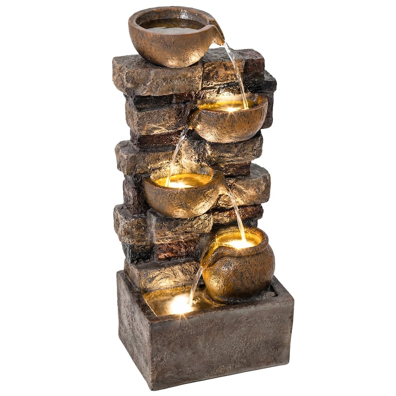 Outsunny 28" Outdoor Fountain with 5-Tier Rustic Jugs and Rock, Cascading Waterfall with LED Lights, Adjustable Flow