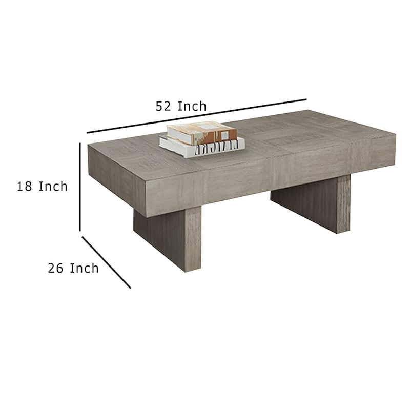 Lezy Coffee Table, 52 Inch, Gray Oak Wood Top, Double Pedestal Base