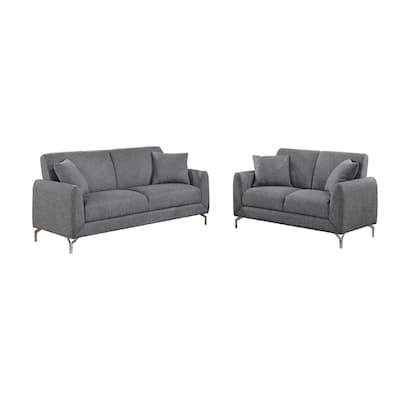 Rena 2pc Sofa and Loveseat Set, 2 Pillows, Dark Gray Burlap Fabric