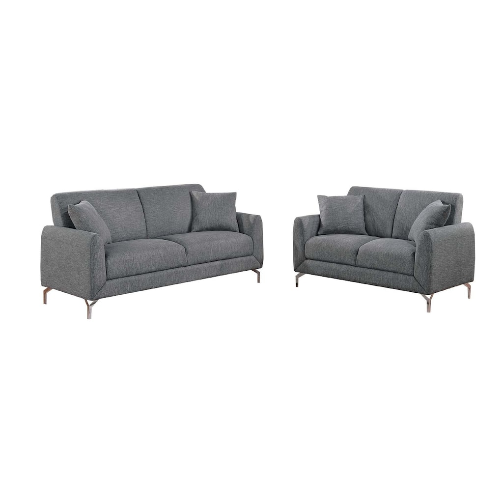 Rena 2pc Sofa and Loveseat Set, 2 Pillows, Dark Gray Burlap Fabric