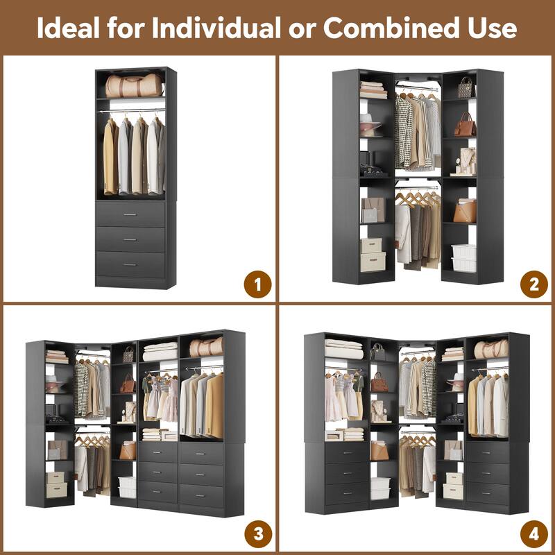 Corner Closet System with 6 Drawers & 4 Hanging Rods,Set of 3,Reversible Walk-in Closet Organizer System with Adjustable Shelves