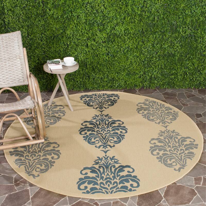 SAFAVIEH Courtyard Pauley Damask Indoor/ Outdoor Waterproof Patio Backyard Rug - 5'3" Round - Natural/Blue