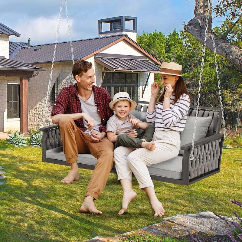 3-Seat Outdoor Porch Swing with Cushions, 900 LBS Capacity, Hanging Chains for Deck, Backyard, Lawn