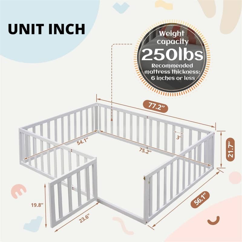 Full Size Floor Bed for Children, Sturdy Wood Montessori Bed Frame with Fence & Door