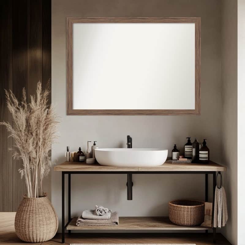 Pia Medium Brown Narrow Non-Beveled Framed Bathroom Vanity Wall Mirror - Pia Medium Brown Narrow