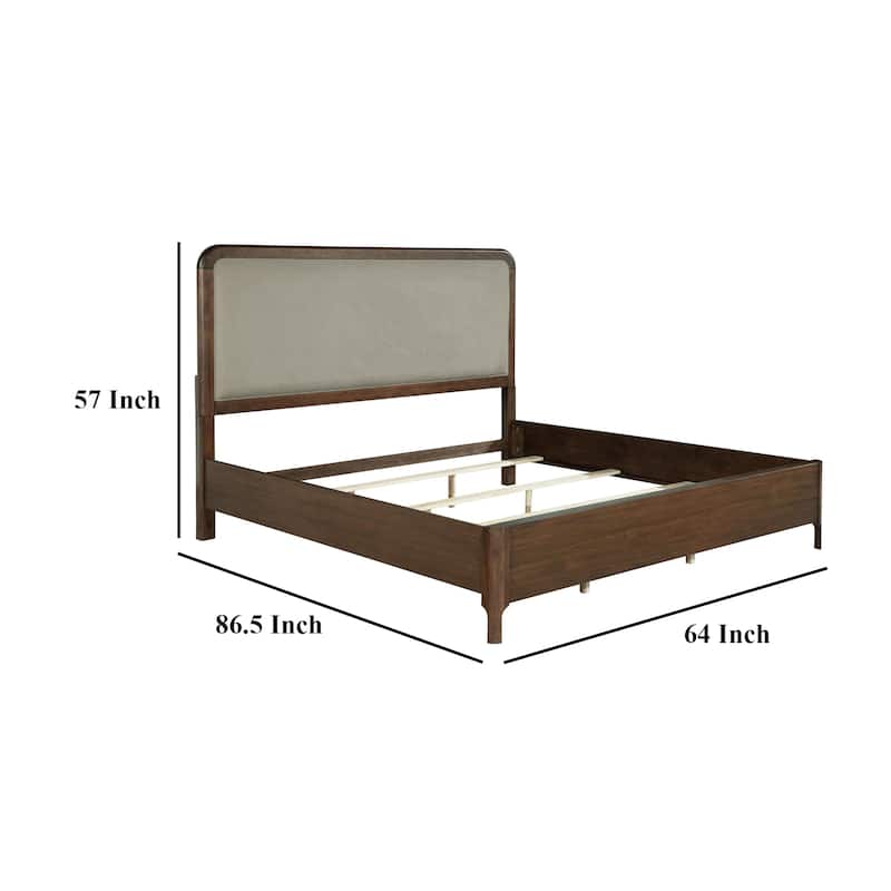 Rie Queen Bed, Taupe Gray Upholstered Headboard, Walnut Brown Wood