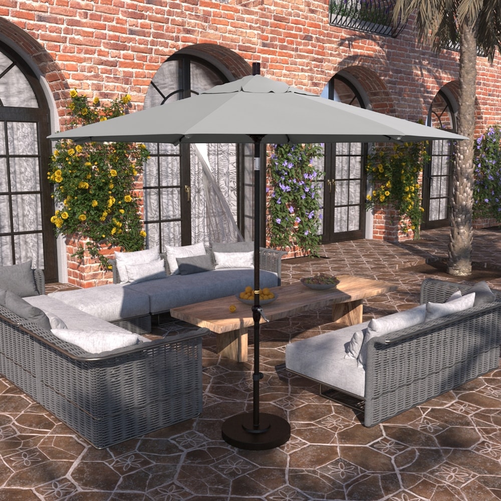 grey patio set with umbrella Aoxun Furniture 7-Piece / Fire Pit, 7 pcs + Fire Pit / Black-Yellow free setup JARDINA Outdoor Aluminum Dining Set