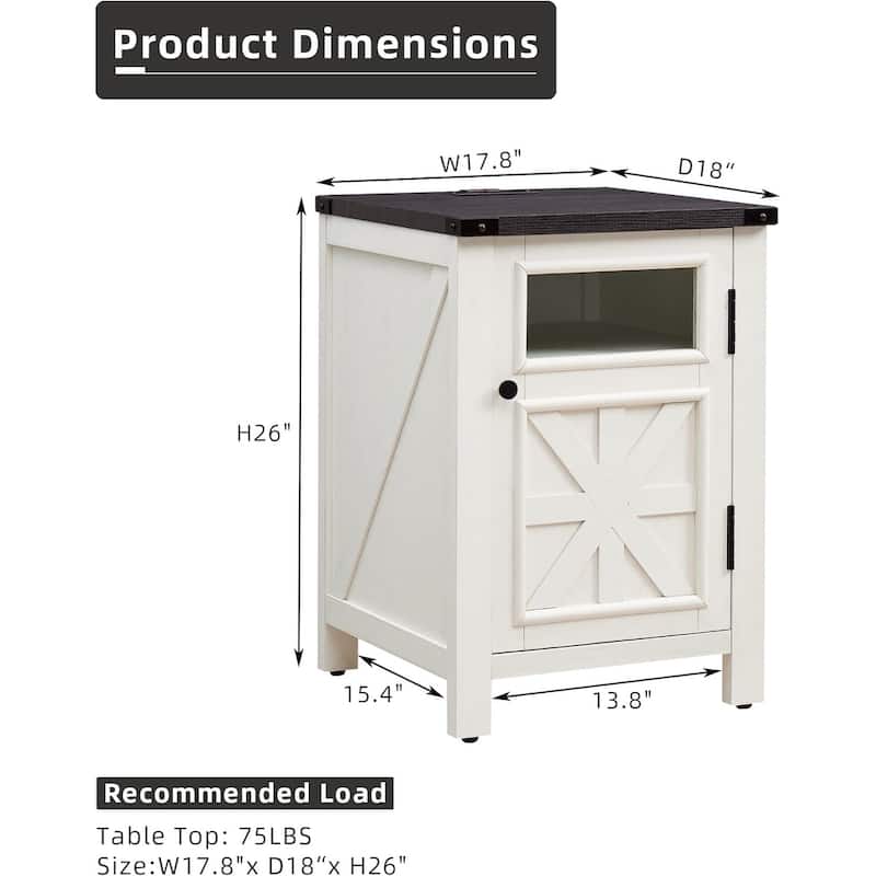 Farmhouse Nightstand with Charging Station, End Table with Barn Door