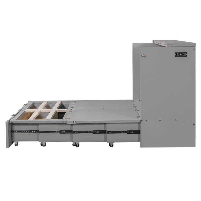 Space-Saving Full Size Murphy Bed with Drawer, USB Ports, and Smooth Pulley Design in Gray