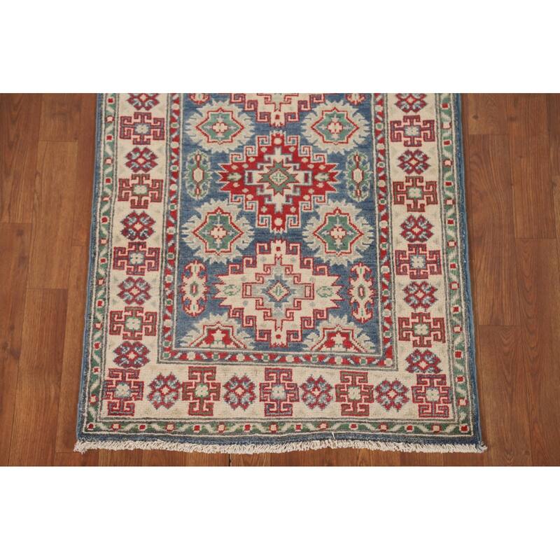 Geometric Kazak Runner Rug Hand-Knotted Blue Wool Carpet - 2'6" x 12'8"