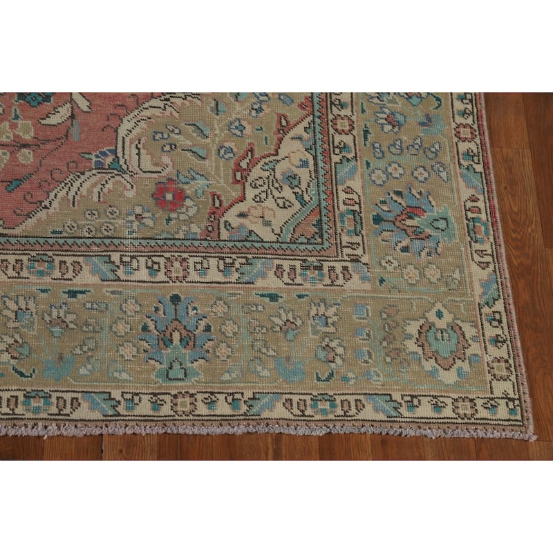 Hand Knotted Oriental 100% Wool Carpet Traditional Floral Pink Tabriz Area Rug - 9' 2'' X 6' 6''