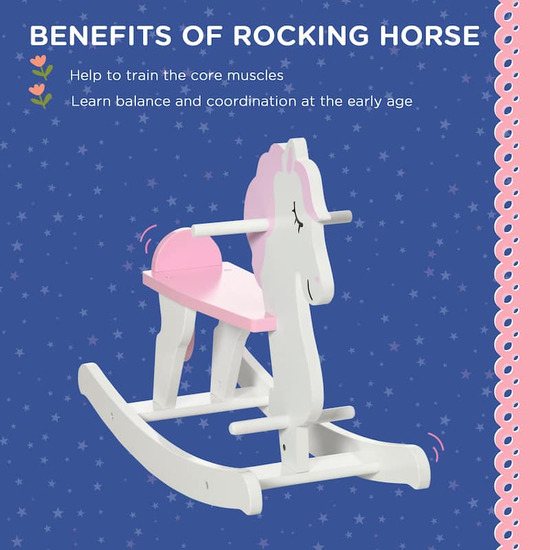 Qaba Wooden Rocking Horse, Baby Rocking Chair, for Toddlers 1-3, Kids Ride on Horse for Boys and Girls, Pink and White