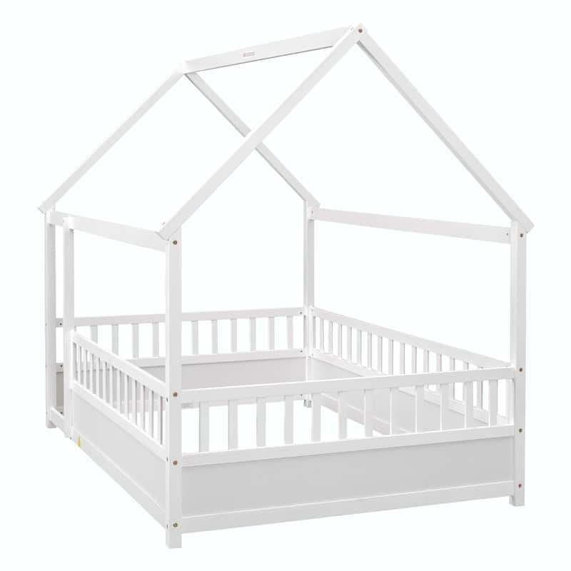 Full Size Floor Wooden Bed with Fence Guardrails