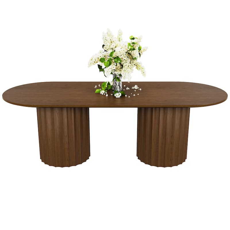 86" Modern Oval Dining Table Set with 8 Upholstered Chairs Black Textured Wood Top & Dual Cylindrical Pedestal Base