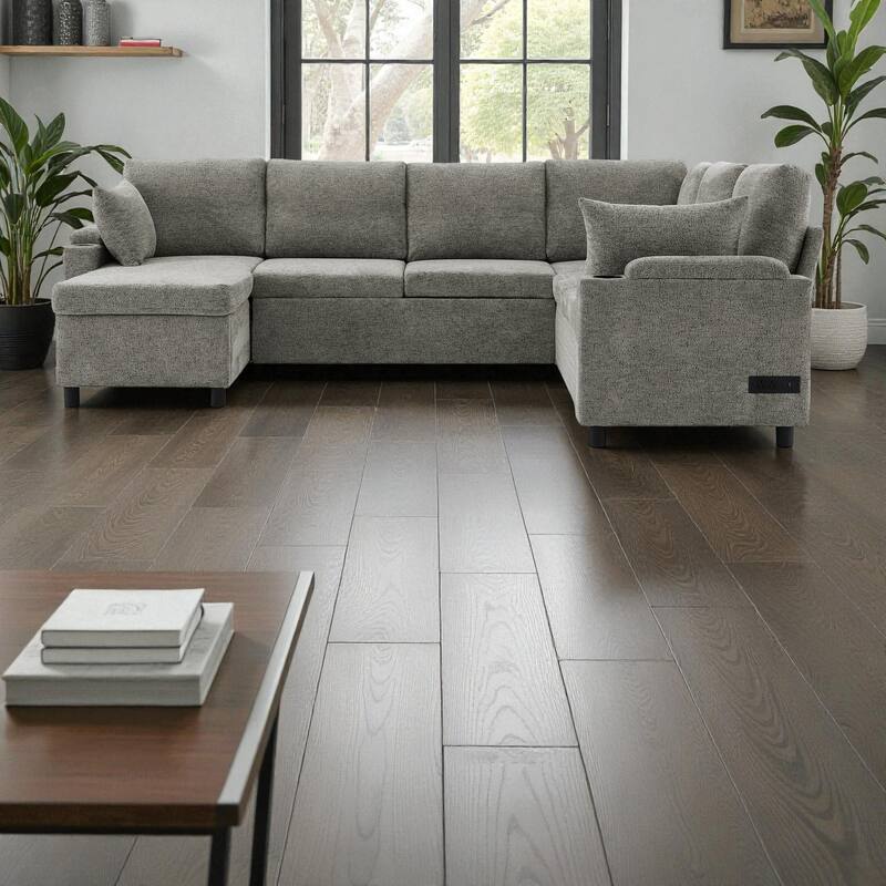 109.9" U-Shaped Convertible Sectional Sofa Bed with Storage Chaise Cup Holders Power Outlets USB Ports Chenille Couch