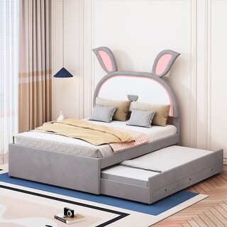 Full Size Upholstered Platform Bed with Trundle and 3 Drawers, Rabbit-Shaped Headboard with Embedded LED Lights, Grey