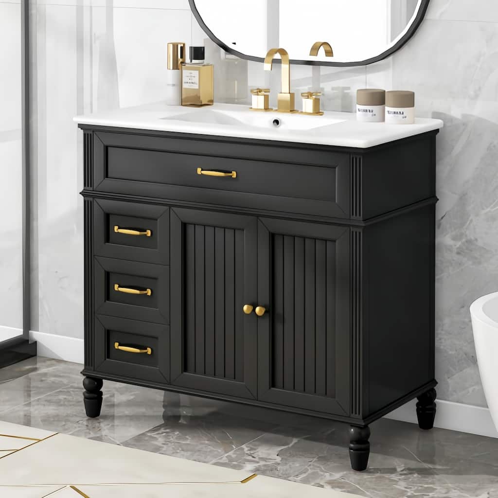 36" Bathroom Vanity with Sink, Black Bathroom Cabinet with Drawers, Solid Frame and MDF Board, One Package