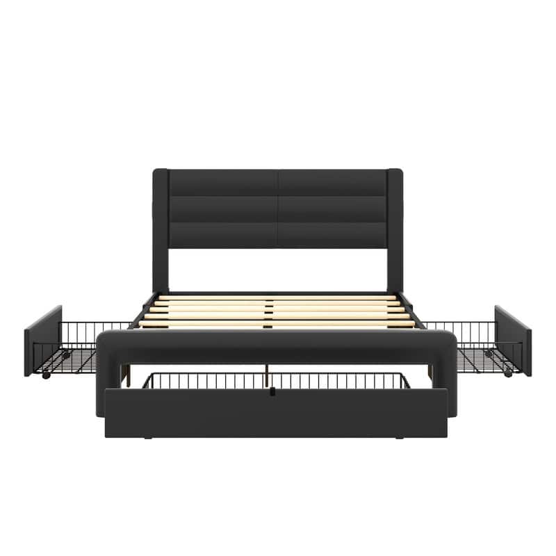 Queen Size Bed Frame with Drawers Storage, Leather Upholstered Platform