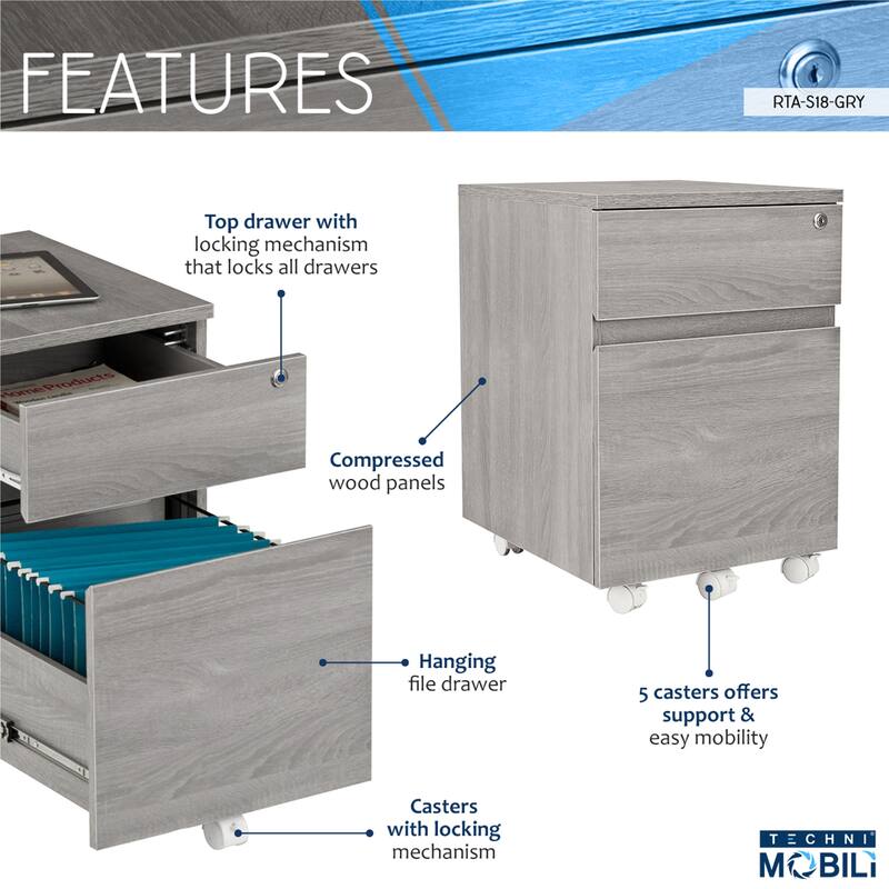 Techni Mobili Rolling Two Drawer Vertical Filing Cabinet with Lock and Storage
