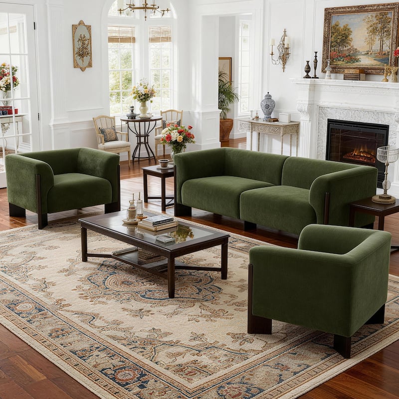 3-Piece Modern Loveseat Sofa Set with Armchair for Living Room - Green/ Chenille