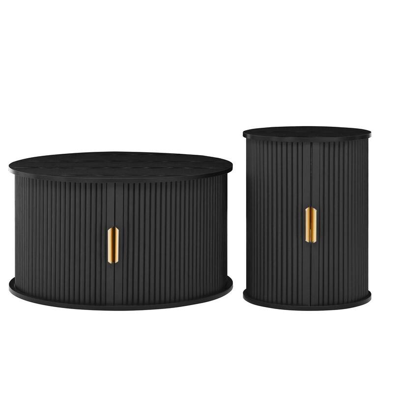 Mid Century Modern 74.8" TV Stand & Coffee Table Set for TVs up to 75", Wooden Media Console with Fluted Sliding Doors