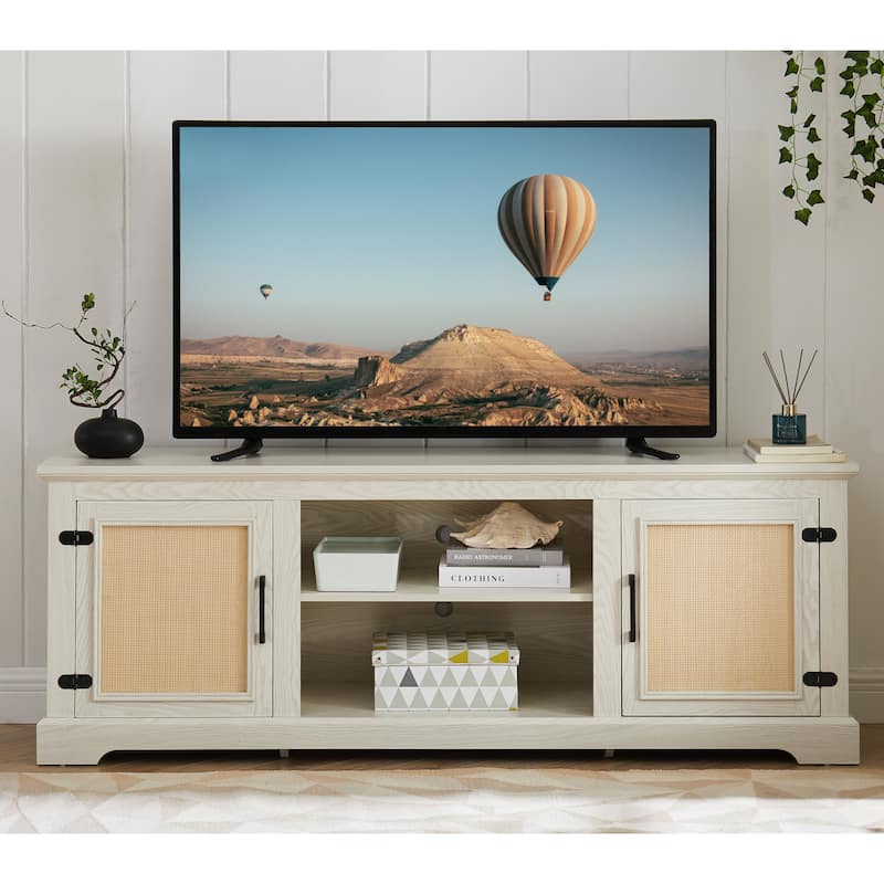 Rattan TV Stand Console Table for TVs up to 70 Inches,TV Console Table with 2 Shelves,2 Door Cabinets,65"W*15.55"D*23.86"H - Antique White