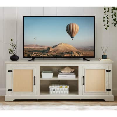 Rattan TV Stand Console Table for TVs up to 70 Inches,TV Console Table with 2 Shelves,2 Door Cabinets,65"W*15.55"D*23.86"H