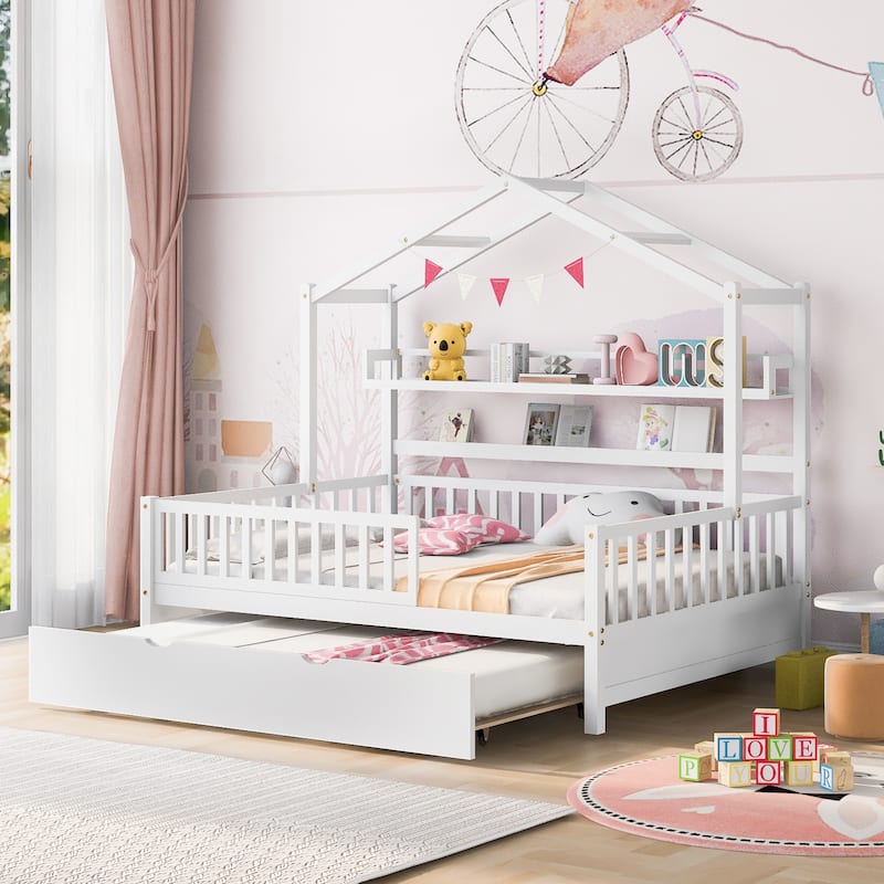 Full Size House Bed with Twin Size Trundle - White