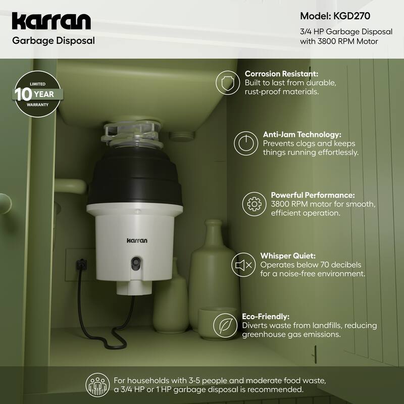 Karran USA KGD270 3/4 HP Continuous Garbage Disposal with 34 oz.