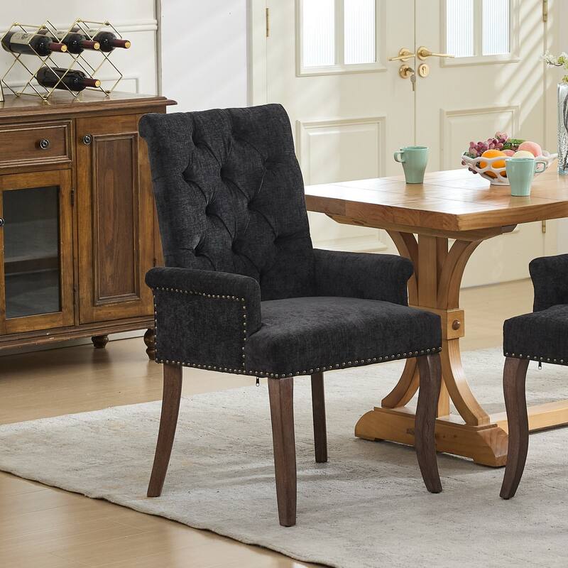 GDF Studio- Chenille Upholstered Dining Chair with Tufted Back & Curved Wood Legs, Single Pack